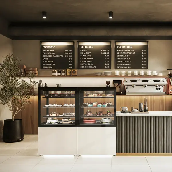 Neutrale Vitrine | INTEGRA | Wit/Zwart | 3 Niveaus | Zelfbediening | Wielen (Geremd) | 600x600x1400(h)mm