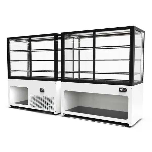 Neutrale Vitrine | INTEGRA | Wit/Zwart | 3 Niveaus | Wielen (Geremd) | 1000x600x1100(h)mm