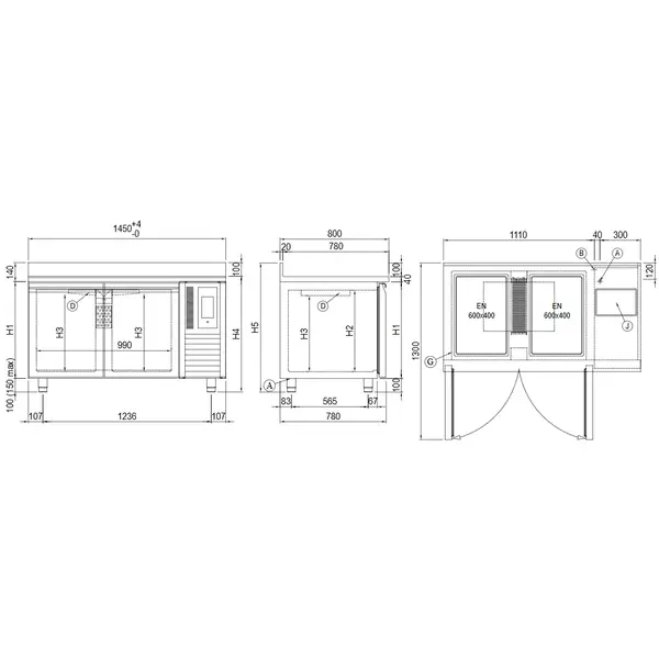 Bakkerij Koelwerkbank | VISION | 389L | 2 Deuren (EN600x400) | -5°C/+15°C | Statisch + Ventilator | Touchscreen + App | Achteropstand | 1450x800x950(h)mm