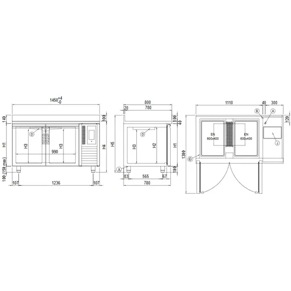 Bakkerij Koelwerkbank | VISION | 389L | 2 Deuren (EN600x400) | -5°C/+15°C | Statisch + Ventilator | Touchscreen + App | Zonder Werkblad | 1450x780x810(h)mm