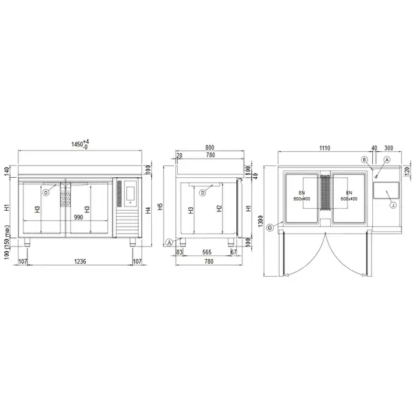 Bakkerij Koelwerkbank | VISION | 421L | 2 Deuren (EN600x400) | -5°C/+15°C | Statisch + Ventilator | Touchscreen + App | Achteropstand | 1450x800x1000(h)mm