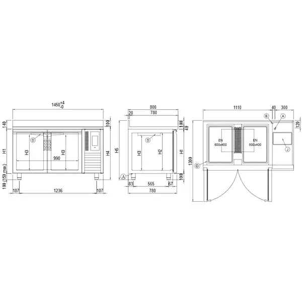 Bakkerij Koelwerkbank | VISION | 357L | 2 Deuren (EN600x400) | -5°C/+15°C | Statisch + Ventilator | Touchscreen + App | Zonder Werkblad | 1450x780x760(h)mm