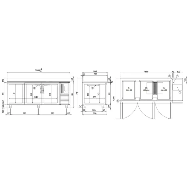 Bakkerij Koelwerkbank | VISION | 607L | 3 Deuren (EN600x400) | -5°C/+15°C | Statisch + Ventilator | Touchscreen + App | Zonder Werkblad | 2005x780x810(h)mm