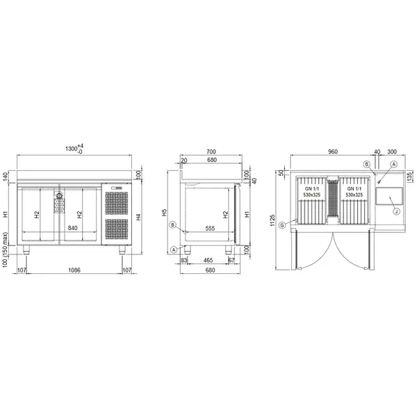 Koelwerkbank | MASTER | Energiezuinig | 280L | 2 Deuren (1/1 GN) | -2°C/+8°C | Geforceerd | WiFi + App | Zonder Werkblad | 1300x680x810(h)mm