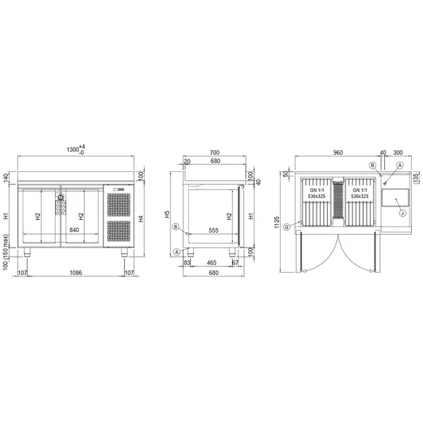 Koelwerkbank | MASTER | Energiezuinig | 303L | 2 Deuren (1/1 GN) | -2°C/+8°C | Geforceerd | WiFi + App | Achteropstand | 1300x700x1000(h)mm