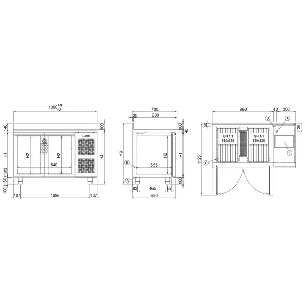 Koelwerkbank | MASTER | Energiezuinig | 256L | 2 Deuren (1/1 GN) | -2°C/+8°C | Geforceerd | WiFi + App | 1300x700x800(h)mm