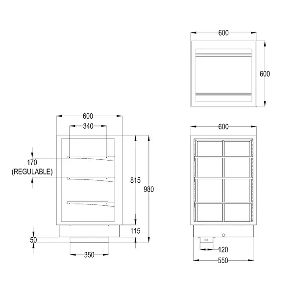 Drop-In Warmhoudvitrine | INTEGRA | Zwart | 60°C/70°C | Geventileerd | 4 Niveaus | Zelfbediening | 0.53kW (230V) | 600x600x815/980(h)mm