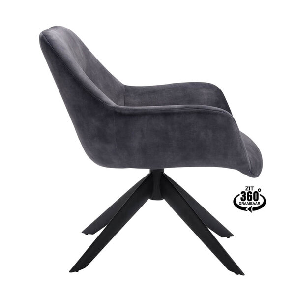 Loungestoel | HARIS | Fluweel/Metaal | Anthracite | Zwarte Poten | Indoor | 780x760x780(h)mm