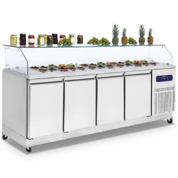 Saladette | 4 Deuren (1/1 GN) | Boven 10x 1/6 GN | -2°C/+8°C | Geforceerd | Glasopzet | Wielen (Geremd) | 2330x700x1300(h)mm