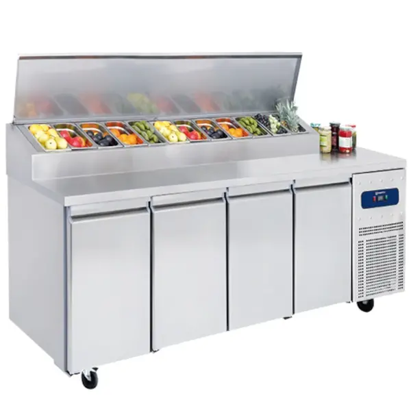 Saladette | 4 Deuren (1/1 GN) | Boven 12x 1/3 GN | -2°C/+8°C | Geforceerd | Klapdeksel | Wielen (Geremd) | 2330x700x1090(h)mm