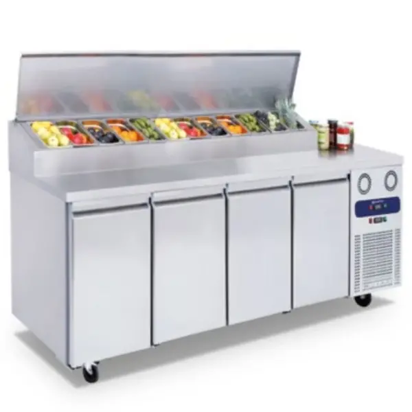 Saladette | 4 Deuren (1/1 GN) | Boven 9x 1/3 GN | -2°C/+8°C | Geforceerd | Klapdeksel | Wielen (Geremd) | 2330x700x1090(h)mm