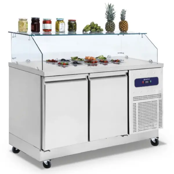 Saladette | 2 Deuren (1/1 GN) | Boven 6x 1/6 GN | -2°C/+8°C | Geforceerd | Glasopzet | Wielen (Geremd) | 1400x700x1300(h)mm