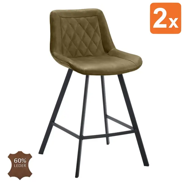 Barkrukken | JORIS | Leer/Metaal | Moss | Zwarte Poten | Indoor | 2 Stuks | 500x550x950(h)mm