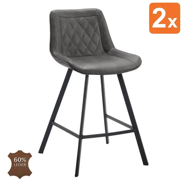 Barkrukken | JORIS | Leer/Metaal | Graphite | Zwarte Poten | Indoor | 2 Stuks | 500x550x950(h)mm
