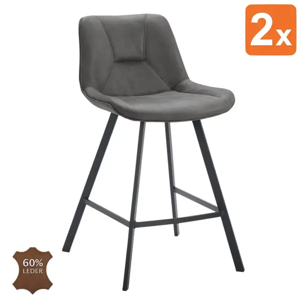 Barkrukken | CARMEN | Leer/Metaal | Graphite | Zwarte Poten | Indoor | 2 Stuks | 500x550x950(h)mm