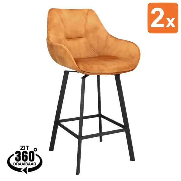 Barkrukken | BIAS | Fluweel/Metaal | Cognac | Zwarte Poten | Indoor | 2 Stuks | 500x570x950(h)mm
