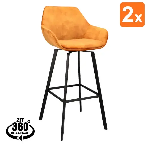 Barkrukken | RENE | Fluweel/Metaal | Cognac | Zwarte Poten | Indoor | 2 Stuks | 530x540x1050(h)mm