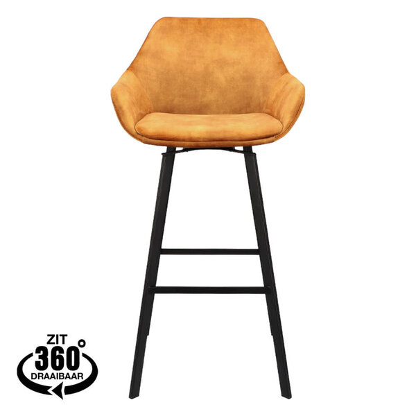 Barkrukken | RENE | Fluweel/Metaal | Cognac | Zwarte Poten | Indoor | 2 Stuks | 530x540x1050(h)mm