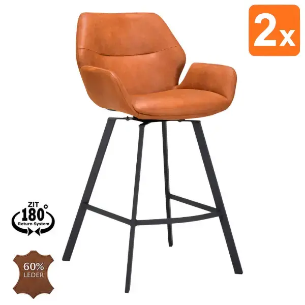 Barkrukken | PERLA | Leer/Metaal | Camel | Zwarte Poten | Indoor | 2 Stuks | 510x570x1100(h)mm