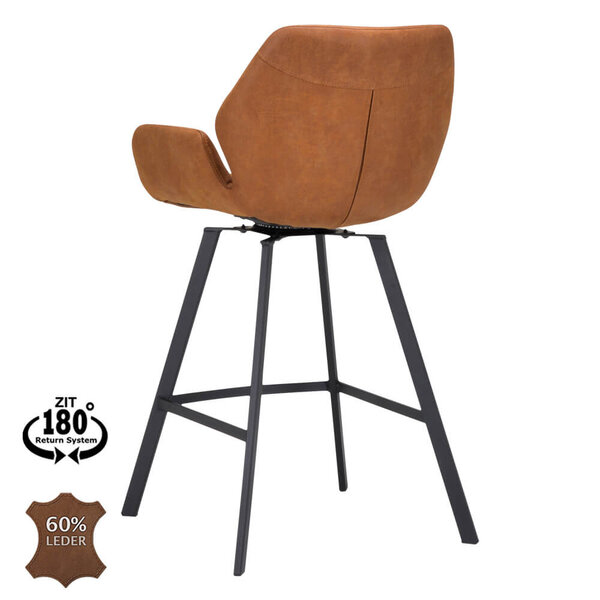 Barkrukken | PERLA | Leer/Metaal | Camel | Zwarte Poten | Indoor | 2 Stuks | 510x570x1100(h)mm