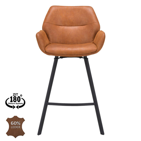 Barkrukken | PERLA | Leer/Metaal | Camel | Zwarte Poten | Indoor | 2 Stuks | 510x570x1100(h)mm