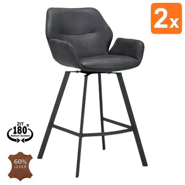 Barkrukken | PERLA | Leer/Metaal | Anthracite | Zwarte Poten | Indoor | 2 Stuks | 510x570x1100(h)mm