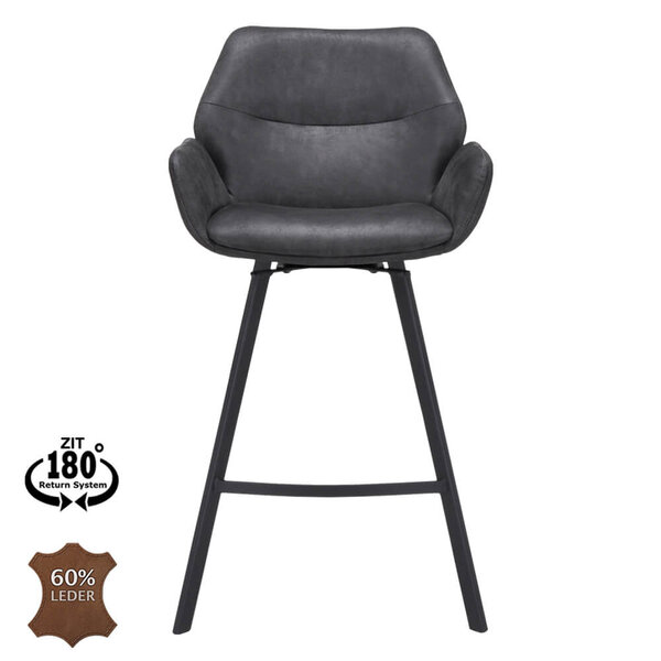 Barkrukken | PERLA | Leer/Metaal | Anthracite | Zwarte Poten | Indoor | 2 Stuks | 510x570x1100(h)mm