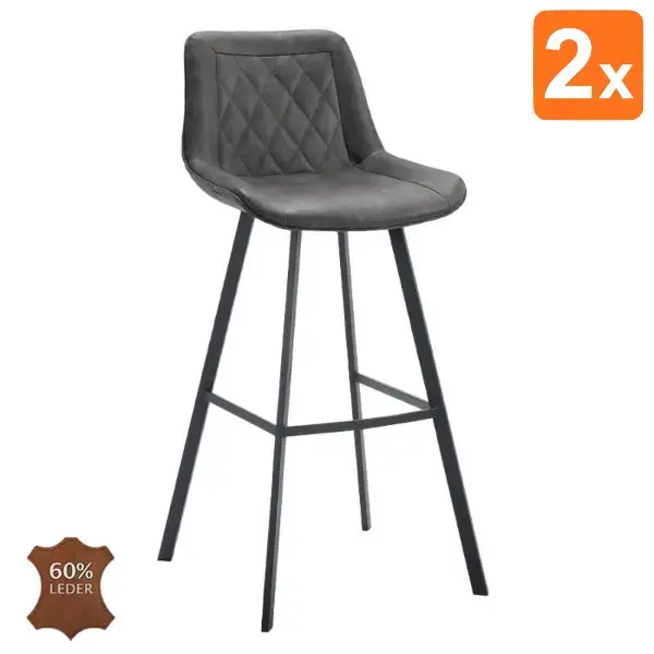Barkrukken | JORIS | Leer/Metaal | Graphite | Zwarte Poten | Indoor | 2 Stuks | 500x550x1080(h)mm