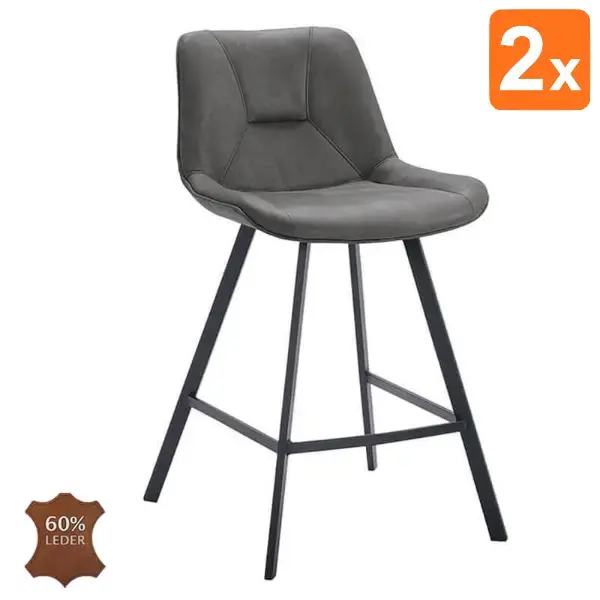 Barkrukken | CARMEN | Leer/Metaal | Graphite | Zwarte Poten | Indoor | 2 Stuks | 500x550x1100(h)mm