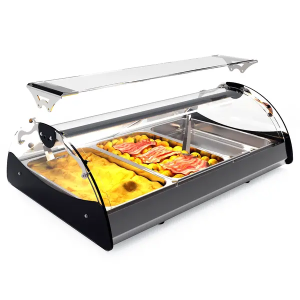 Verwarmde Tapasvitrine | MAXISELF | Zwart/RVS | 2x 1/1 GN | ≤80°C | Bain-Marie | 1 Niveau | Zelfbediening | 1.22kW (230V) | 690x650x320(h)mm