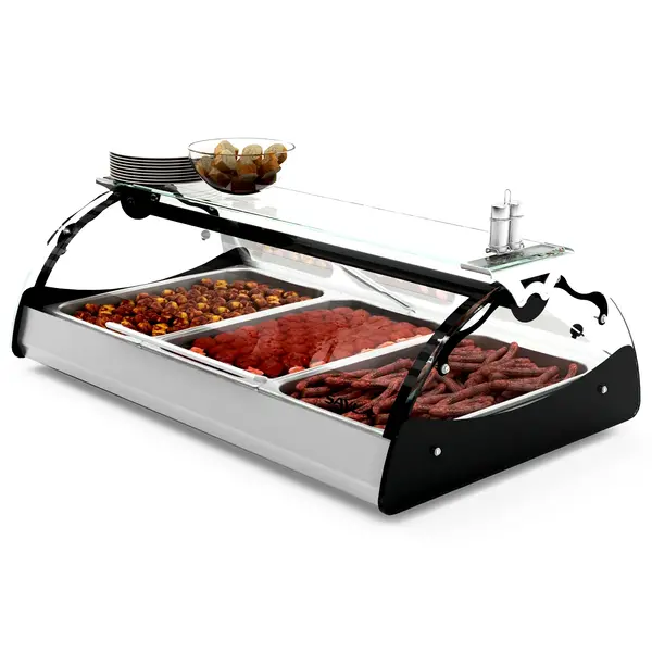 Verwarmde Tapasvitrine | MAXISELF | Zwart/RVS | 3x 1/1 GN | ≤80°C | Bain-Marie | 1 Niveau | Zelfbediening | 1.82kW (230V) | 1020x650x320(h)mm