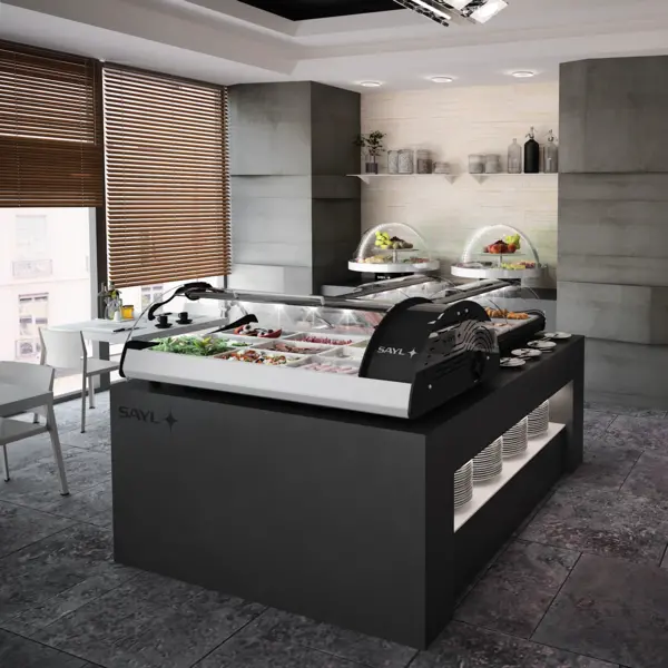 Verwarmde Tapasvitrine | MAXISELF | Zwart/RVS | 3x 1/1 GN | ≤80°C | Bain-Marie | 1 Niveau | Zelfbediening | 1.82kW (230V) | 1020x650x320(h)mm