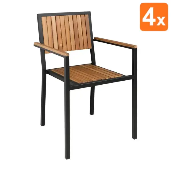 Stoelen | Hout/Staal | Hout (Acacia) | Zwart Frame | In-/Outdoor | Stapelbaar | 4 Stuks | 550x530x860(h)mm