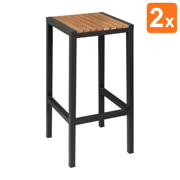 Barkrukken | Hout/Staal | Hout (Acacia) | Zwart Frame | In-/Outdoor | 2 Stuks | 350x350x750(h)mm