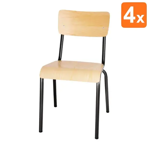 Stoelen | CANTINA | Hout/Staal | Hout (Essen) | Zwart Frame | Indoor | Stapelbaar | 4 Stuks | 480x580x830(h)mm