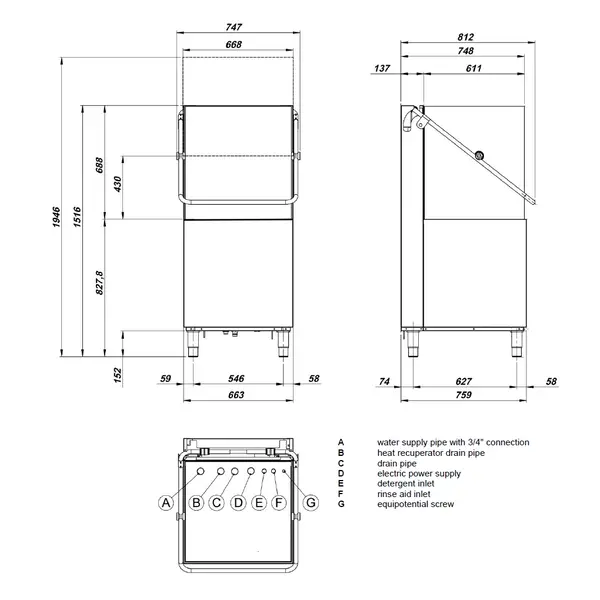 Doorschuifvaatwasser | CLEAN WATER | Energiezuinig (Warmteterugwinning) | Mand 500x500 | Omgekeerde Osmose | Afvoerpomp | Zeeppomp | Naglanspomp | 400V | Dubbelwandig | 660x760x1516/1946(h)mm