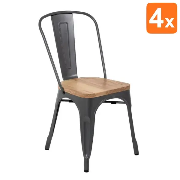 Stoelen | BISTRO | Hout/Staal | Hout (Essen) | Grijs Frame | In-/Outdoor | Stapelbaar | 4 Stuks | 445x520x855(h)mm