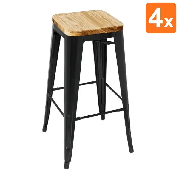 Barkrukken | BISTRO | Hout/Staal | Hout (Essen) | Zwart Frame | In-/Outdoor | Stapelbaar | 4 Stuks | 430x430x770(h)mm