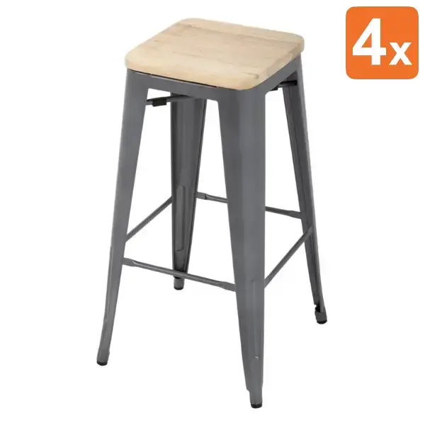 Barkrukken | BISTRO | Hout/Staal | Hout (Essen) | Grijs Frame | In-/Outdoor | Stapelbaar | 4 Stuks | 430x430x770(h)mm