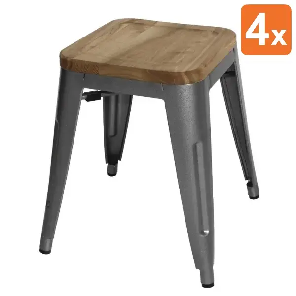Krukken | BISTRO | Hout/Staal | Hout (Essen) | Grijs Frame | In-/Outdoor | Stapelbaar | 4 Stuks | 405x405x455(h)mm