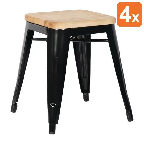 Krukken | BISTRO | Hout/Staal | Hout (Essen) | Zwart Frame | In-/Outdoor | Stapelbaar | 4 Stuks | 405x405x455(h)mm