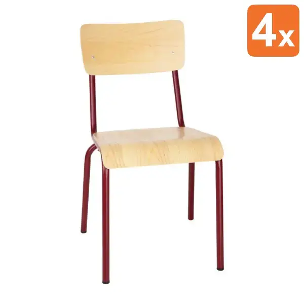 Stoelen | CANTINA | Hout/Staal | Hout (Essen) | Rood Frame | Indoor | Stapelbaar | 4 Stuks | 480x580x830(h)mm