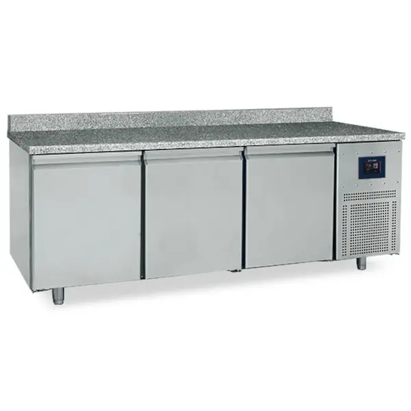 Bakkerij Vrieswerkbank | 615L | 3 Deuren (EN600x400) | -10°C/-20°C | Statisch + Ventilator | WiFi | Achteropstand | Natuurstenen Werkblad | 2100x800x850(h)mm