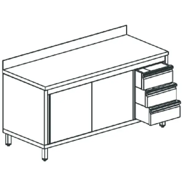 Werkbank | RVS | Schuifdeuren + Laden (Rechts) | Diepte 600 | Hoogte 850 | Breedte 1200-2000 | Achteropstand