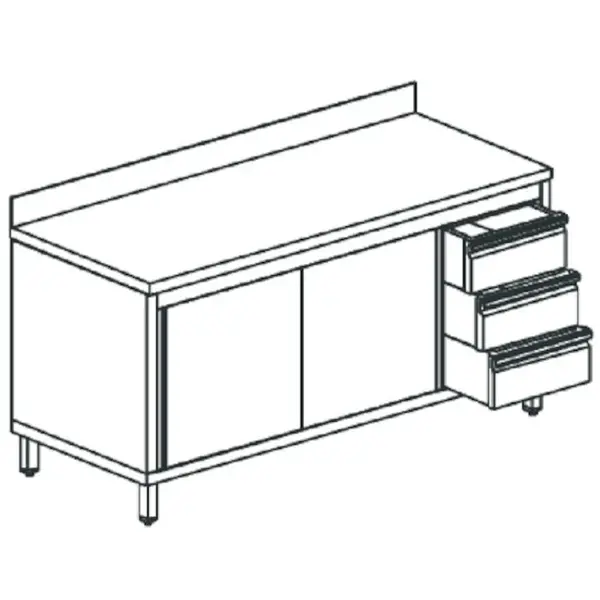 Werkbank | RVS | Schuifdeuren + Laden (Rechts) | Diepte 700 | Hoogte 850 | Breedte 1200-2000 | Achteropstand