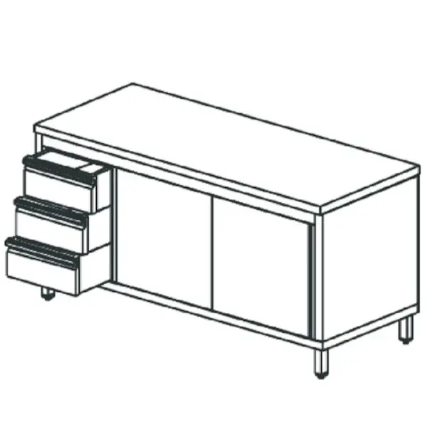 Werkbank | RVS | Schuifdeuren + Laden (Links) | Diepte 600 | Hoogte 850 | Breedte 1200-2000