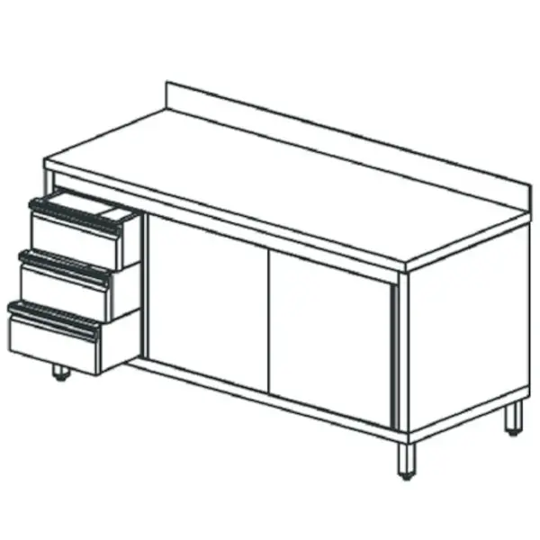 Werkbank | RVS | Schuifdeuren + Laden (Links) | Diepte 600 | Hoogte 850 | Breedte 1200-2000 | Achteropstand