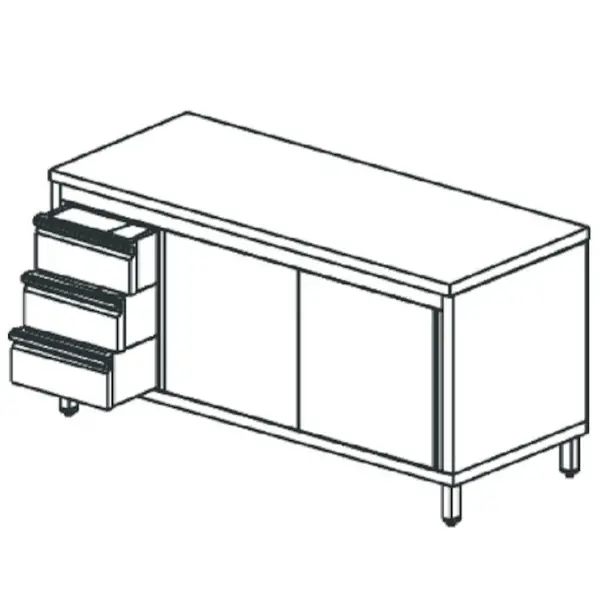 Werkbank | RVS | Schuifdeuren + Laden (Links) | Diepte 700 | Hoogte 850 | Breedte 1200-2000