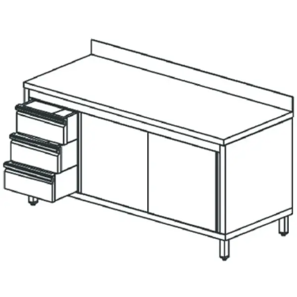 Werkbank | RVS | Schuifdeuren + Laden (Links) | Diepte 700 | Hoogte 850 | Breedte 1200-2000 | Achteropstand