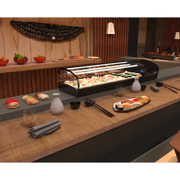 Sushivitrine | SHARK | Zwart | 8x 1/3 GN | +2°C/+6°C | Statisch | 1 Niveau | 1680x395x270(h)mm